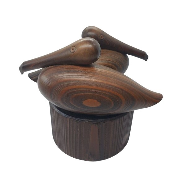 Shakey's Other - VTG MCM Shakey's Noisy Oyster Cypress Wood Carved Pelicans Figurine